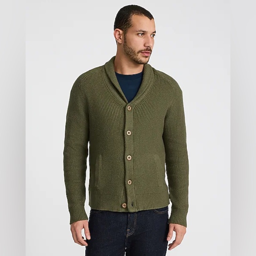 Express Men's Ribbed Shawl Neck Cardigan Artillery Green Sweater Size Medium